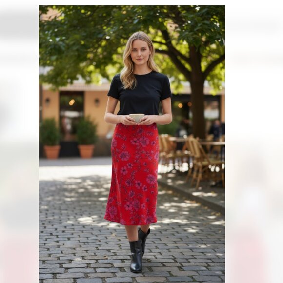 NWT BAND OF GYPSIES Menton Floral Skirt In Red Mag - Picture 1 of 5